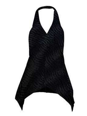 Y2K Charlotte Russe Black Halter Babydoll Top Asymmetrical Glitter Wave Tie Back